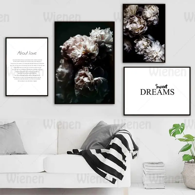 

Nordic Dark Poster And Print Rose Flower Love Sweet Dream Quotes Wall Art Canvas Painting Home Decor For Living Room Dining Room