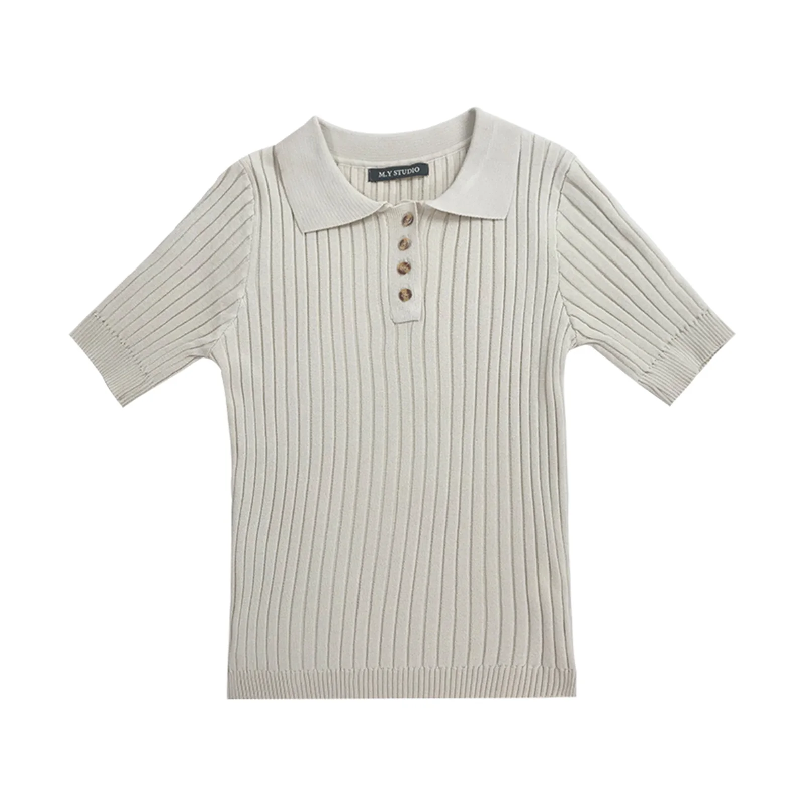 

2021NEW Korean 2021 Women Elegant And Casual Polo Plunge Neck Short Sleeve Knitted Shirt Crop Top
