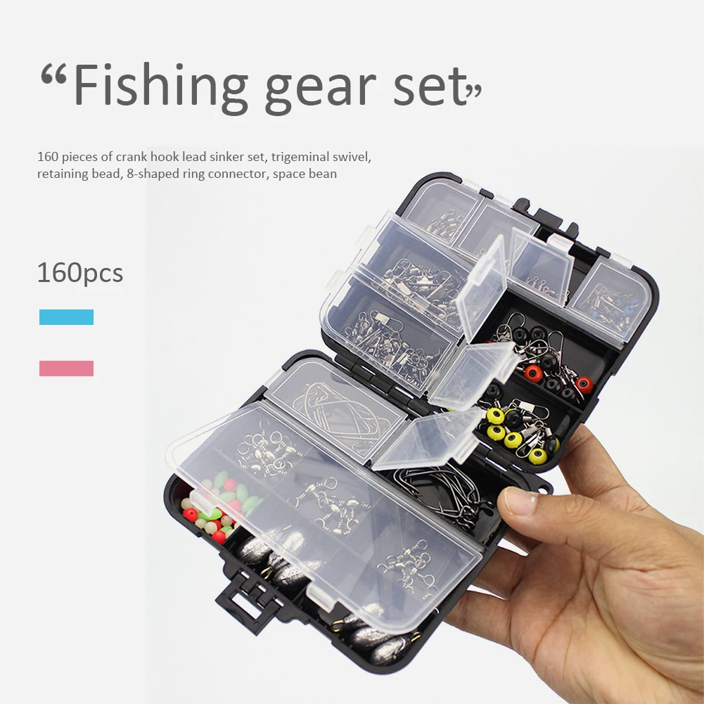 

160x Fishing Tackle Kit Set 8-Ring Swivels Sinker Weights Bifurcation Ring Stop Bead Plumb Crank Hooks Baits Tools
