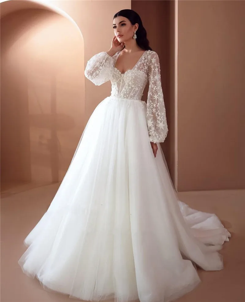 

Lace Applique V-neck Backless Wedding Dresses with Bandage Long Sleeve Bridal Gowns Tailor-made Vestido De Novia