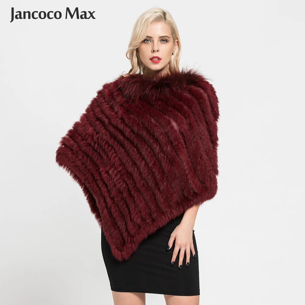 Jancoco Max Новое поступление Настоящее кроличье меховое Вязаное пончо воротник из меха енота шали женские зимние накидки пуловер S7110
