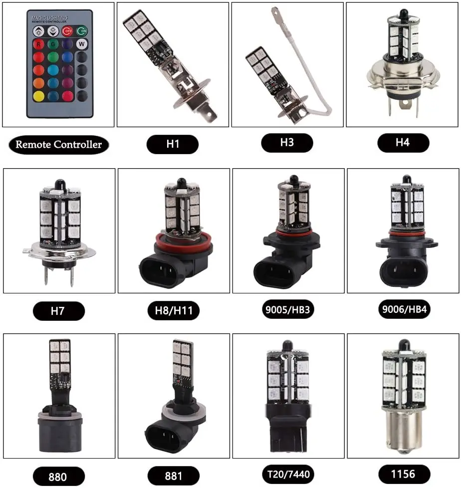 2Pcs Car Fog Light Bulb H3 H4 9006 9005 H7 H8 H9 880 881 H11 Ambient Driving Lamp DRL Kit 5050 27SMD LED RGB Remote Control Auto - купить по