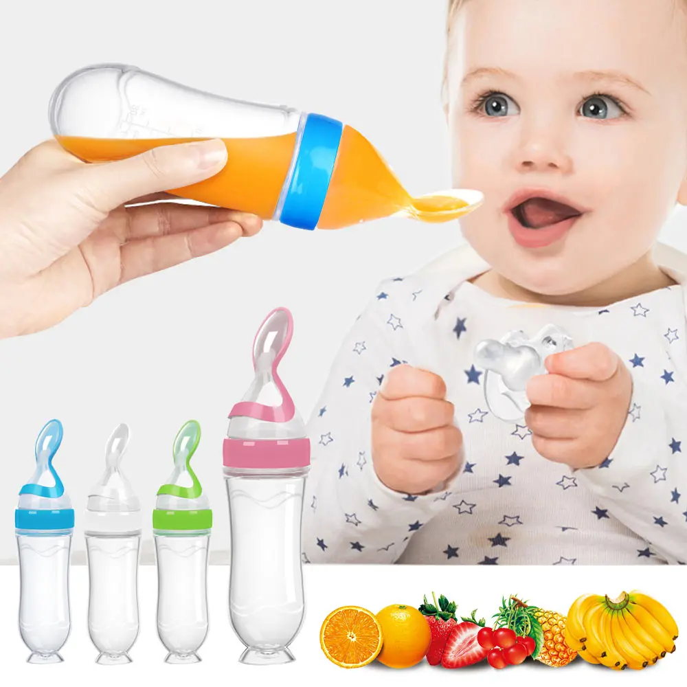 

90ml/3oz Silicone Baby Feeding Bottle Newborn Squeeze Feeder with Dispensing Spoon Milk Food Nursing Biberon Solid Power Supply