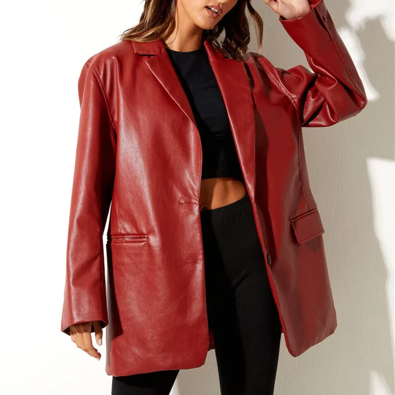 PU Faux Leather Blazers Women Leather Jacket Coat Brand New Women's Jackets Outerwear Ladies Coats Female Leather Suit images - 6