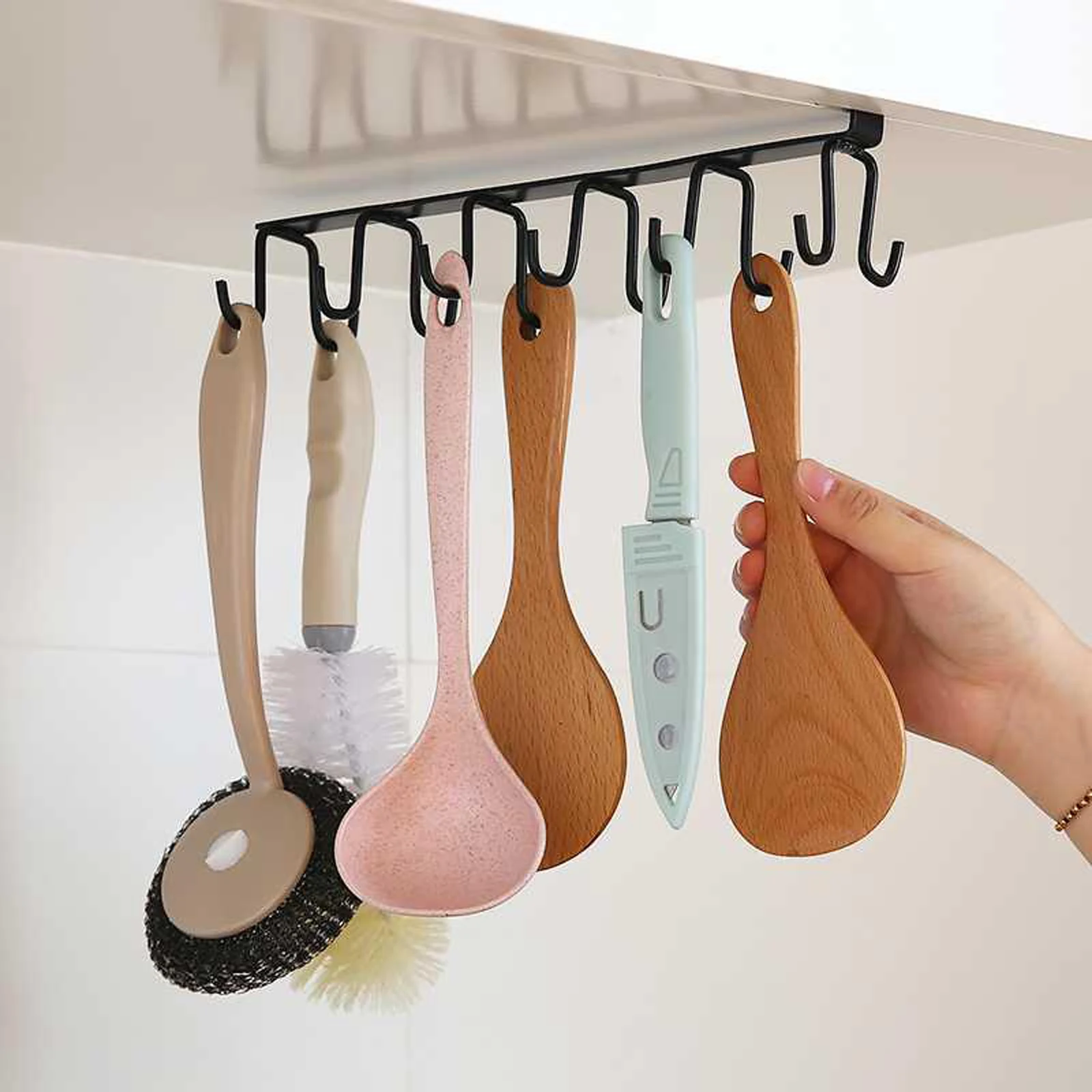 

Kitchen double-row hook hanging cup holder household perforated wall cabinet hook spatula rack cup storage wrought iron rack