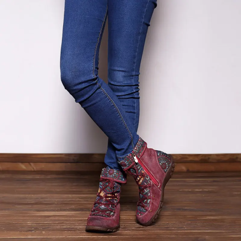 Retro Genuine Leather Printing Comfortable Embossed Pattern Splicing Folkways Craft Cloth Women Zipper Ankle Boots Women Shoes