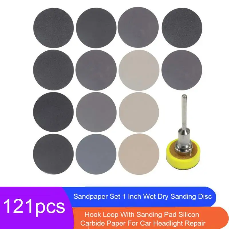 

121 Pcs Set 1 Inch Wet Dry Sandpaper Sanding Disc Hook loop With Sanding Pad For Car headlight Repair Wood Glass Stone Sanding