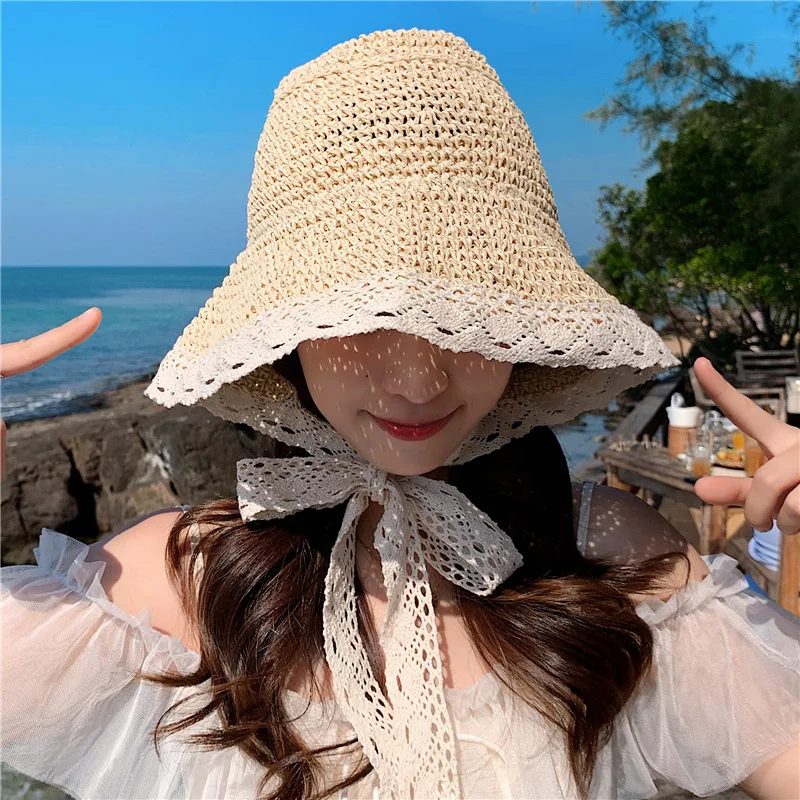 

Internet Celebrity Straw Hat Women's Summer Lace Lace-up Beach Hat Fresh Seaside Travel Vacation Sun Protection Sun Hat Strap