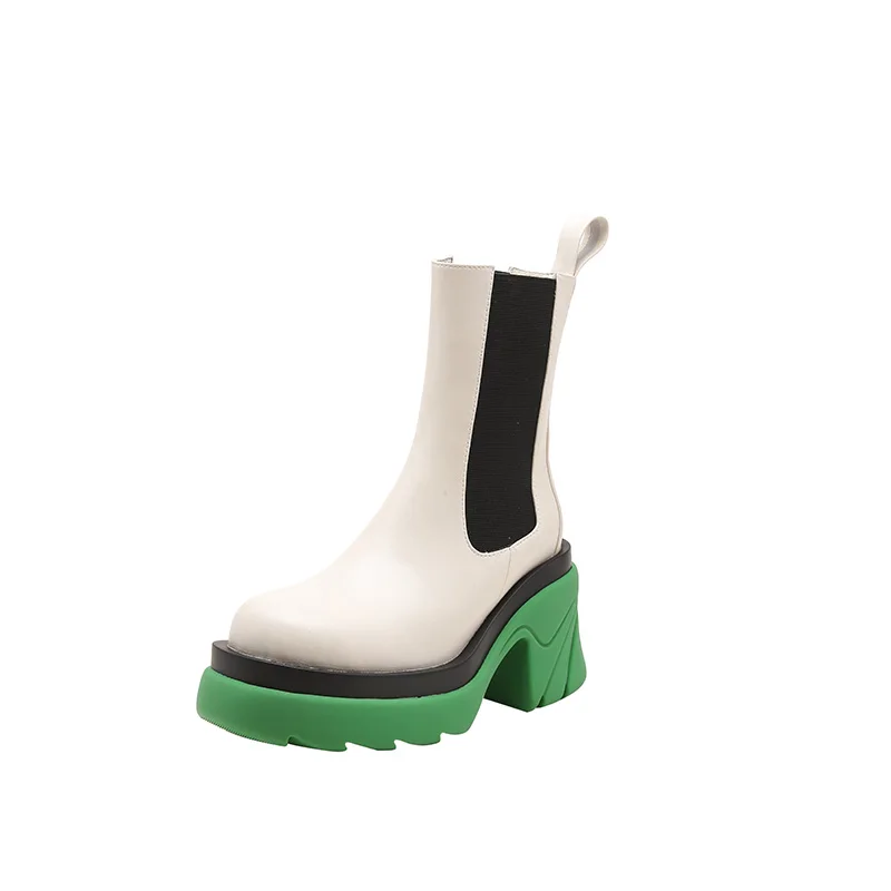 

Genuine Leather Ankle Boots Shoes Women Autumn Platform Super High Thick Heel Boot Slip On Round Toe Lady Short Boots