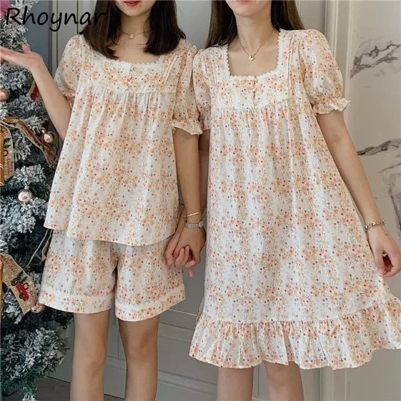 

Pajama Sets Women Sweet Girl Sleepwear Print Lace Square Collar Comfortable Summer Casual Lovely Students Fashion Female Ins New