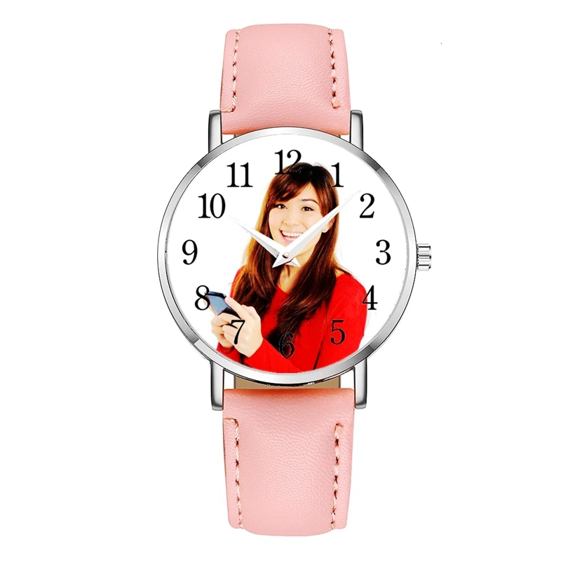 

(Women Only) Custom Photo Watches, Kids, Pet Pictures Commemorative Quartz Wristwatches Silver Case Pink Leather Watchband