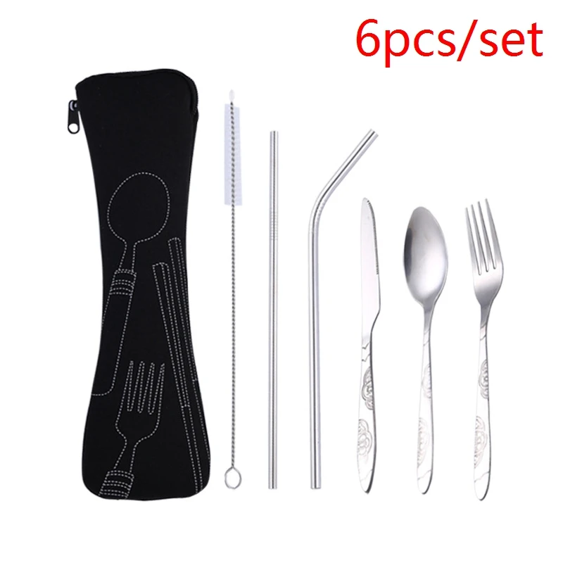 black 6pcs 3 шт./6 шт./компл. Портативный Нержавеющая сталь набор столовых приборов цветок картина вилка ужин набор посуды домашней утвари посуды сумка - Цвет: black 6pcs