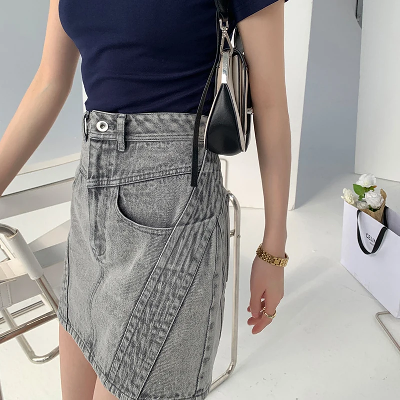 

SHENGPALAE Solid Color Pocket Denim Skirt Women's Summer 2021 New High Waist Fashionable Slim Design Above Knee Skirts 5E672