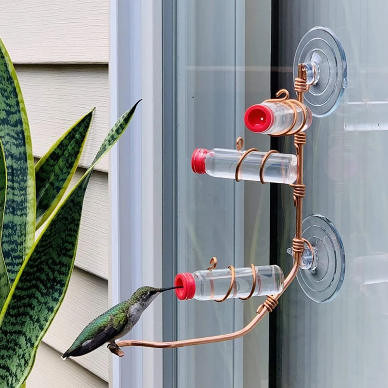 

Window Suction Cup Hummingbird Feeder Handcrafted Copper Wire Fixed Multiple Station Modern Feeding Home Dcor Glass Bottle Swee