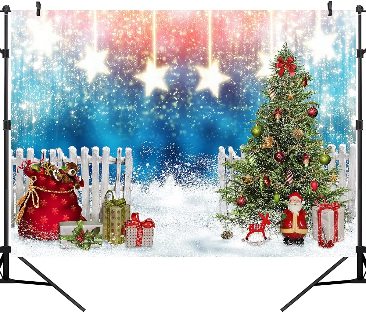 Christmas Photography Backdrop Merry Xmas Snow Blue Wonderland Background Santa Gifts Trees Banner Baby Kids Party Decorations