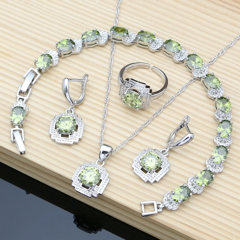 

Olive Green Topaz Gemstone Birthstone 925 Silver Jewelry Sets Women Earrings Bracelet Resizable Ring Necklace Sets 9 Colors Gift