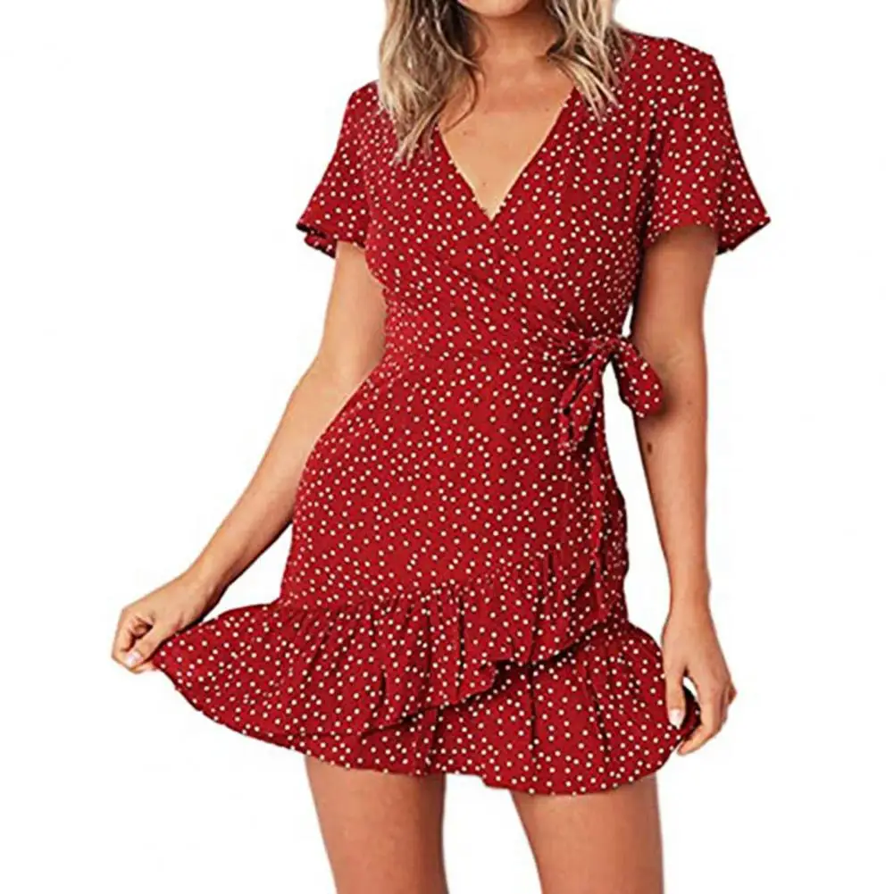 

Women Print Short Sleeve Wrap Front V Neck Lacing Ruffle Hem Mini Dress for Date lady dresses for women office