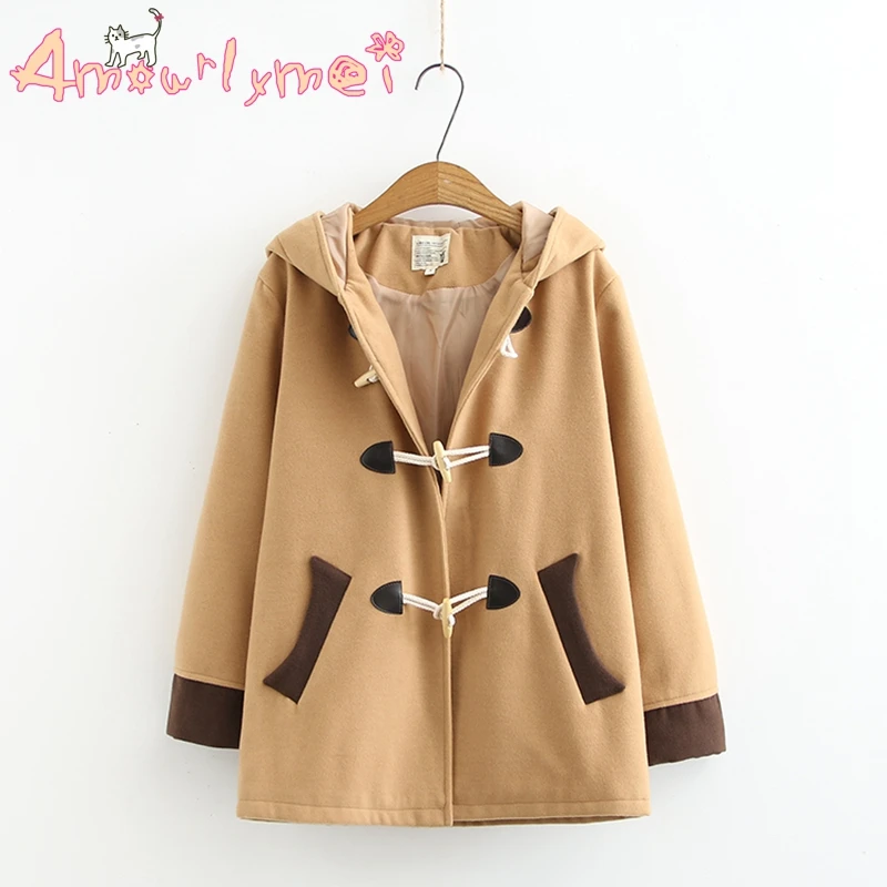 Японский консервативный милый кот уши с капюшоном плотное шерстяное пальто Mori Girl