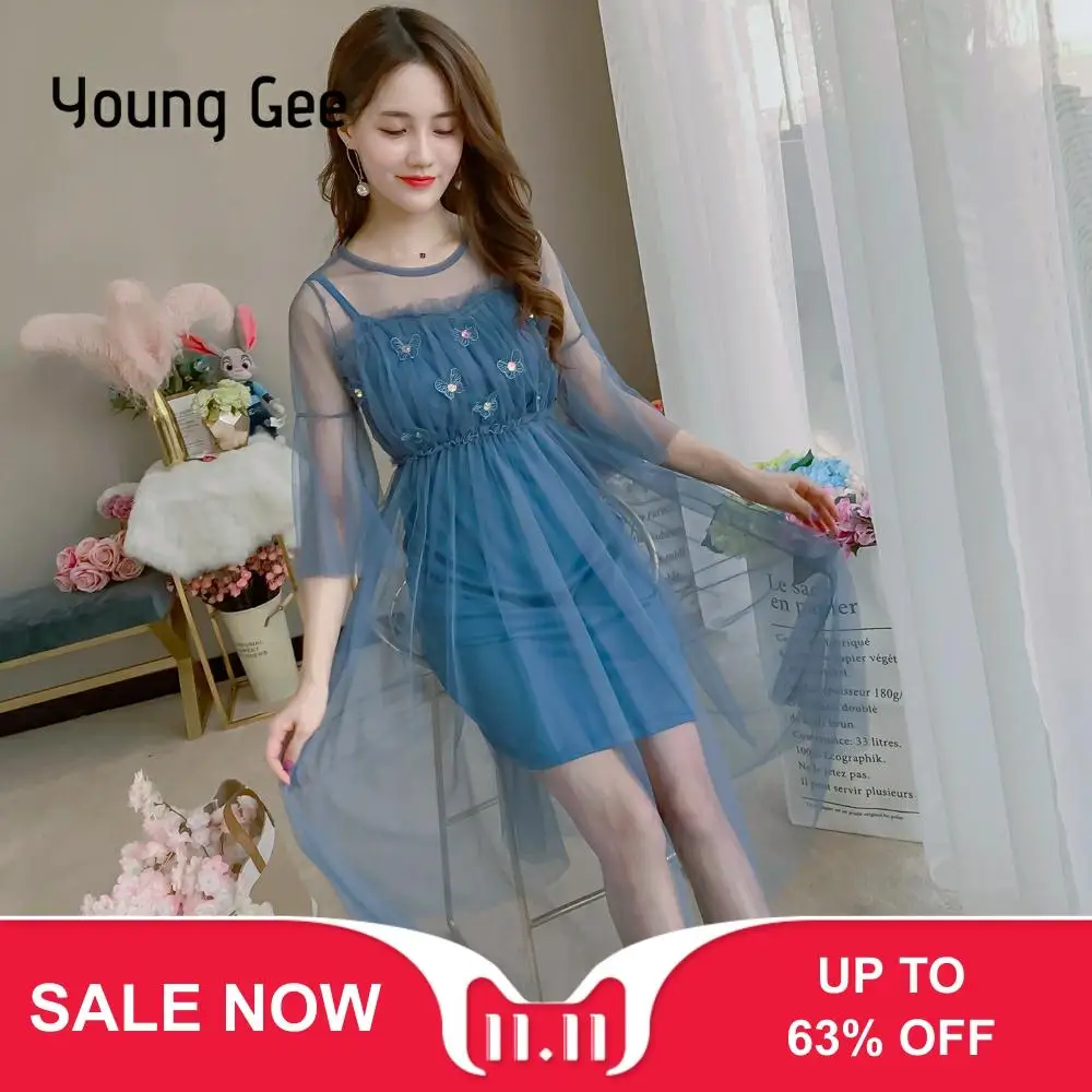YoungGee 2018 летнее милое Марлевое кружевное Сетчатое платье для женщин из двух