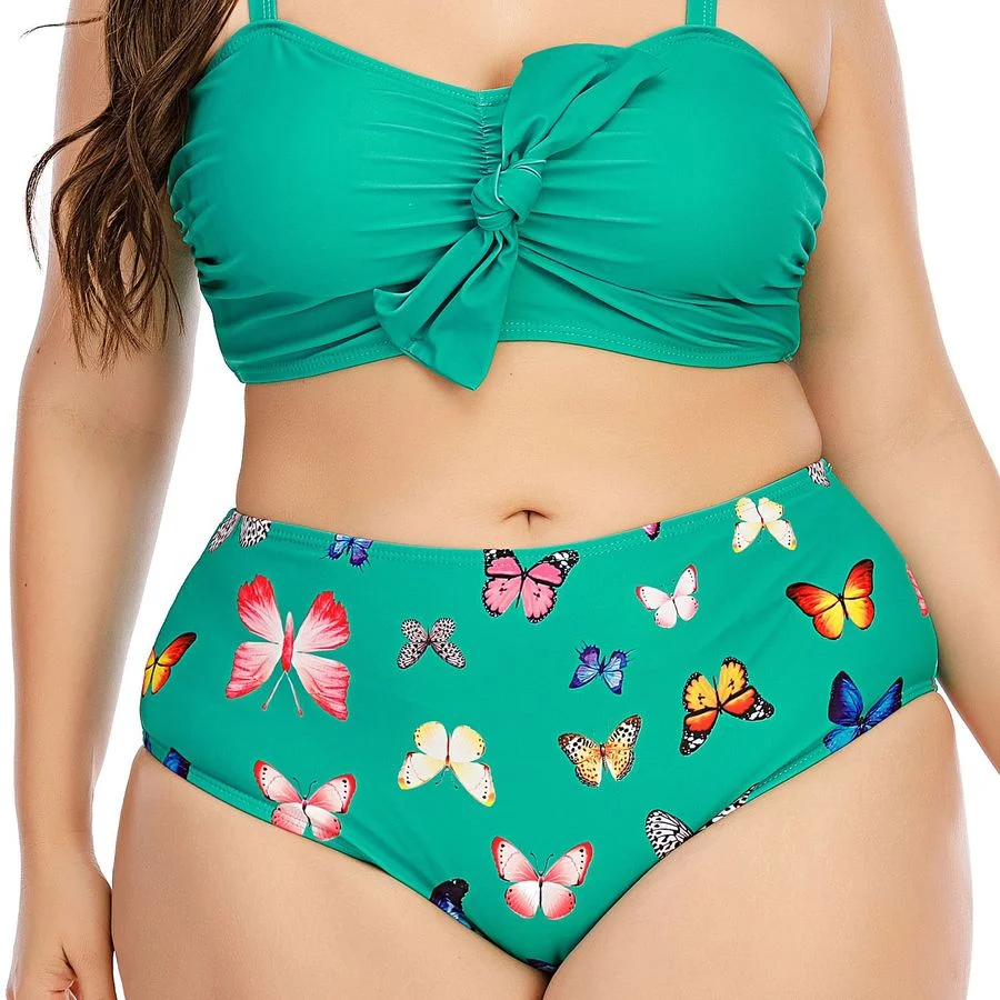 

Women Plus Size Swimsuit 2021 Two Pieces Butterfly Printed Bikini Set High Waisted Triangle Swimwear Bottom Big Female Bathsuit