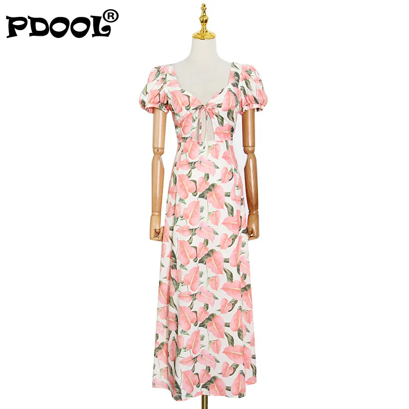 

Sexy Hollow Out Lace Up Print Dress For Women Square Collar Puff Short Sleeve High Waist Vintage Midi Dresses Female Fashion