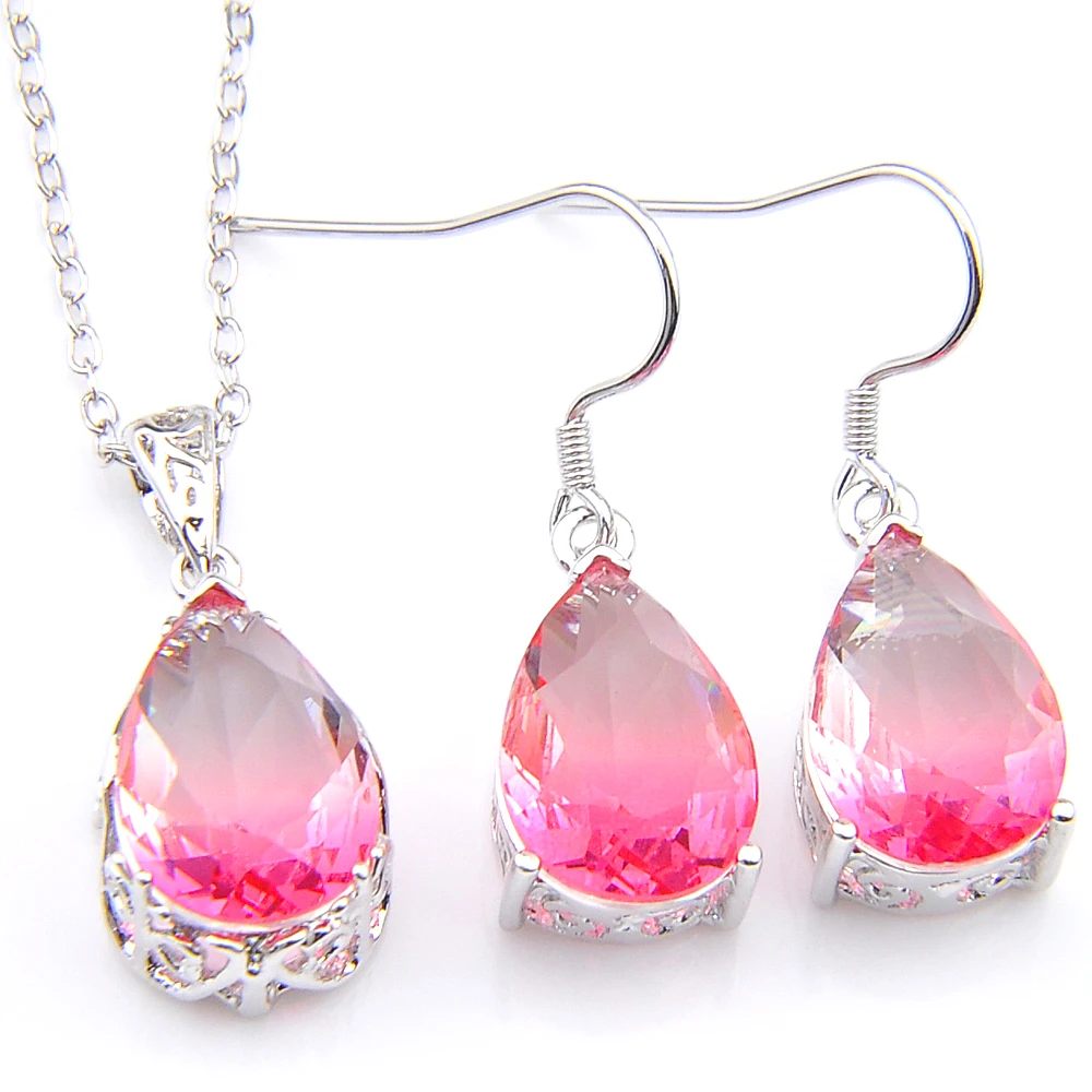 Luckyshine,, 925 серебряное ожерелье, подвеска, серьги, Женские Ювелирные наборы, Би цветные, турмалин, фиолетовый, капля воды, набор