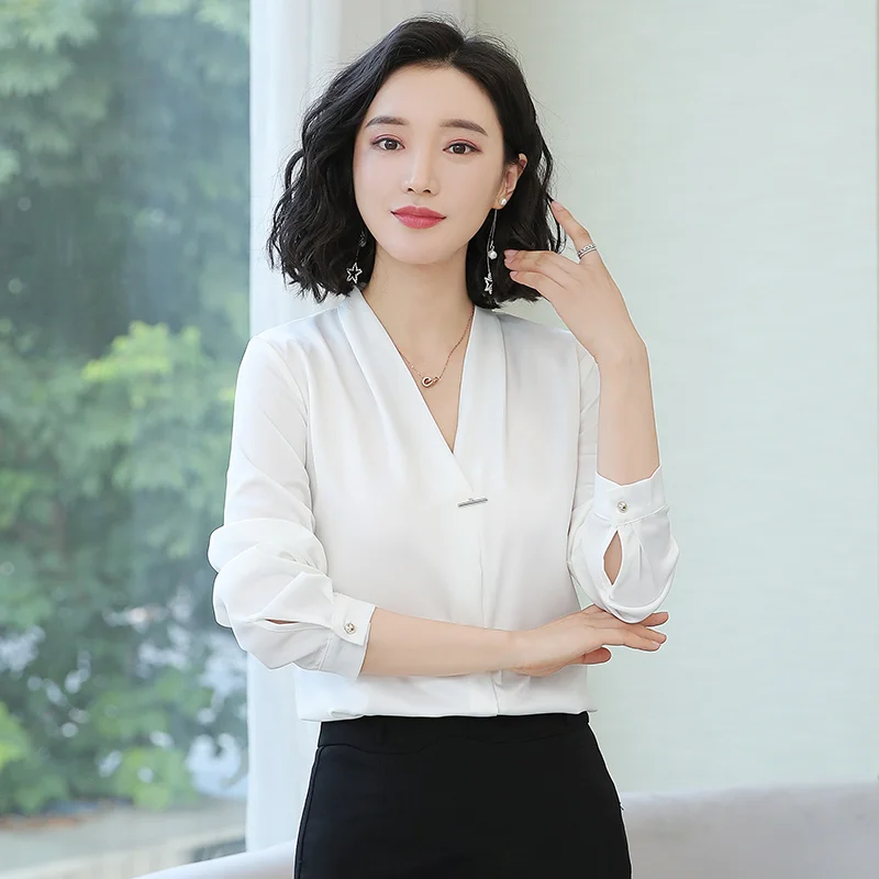 Шикарная Однотонная рубашка с длинным рукавом женская блузка v образным вырезом