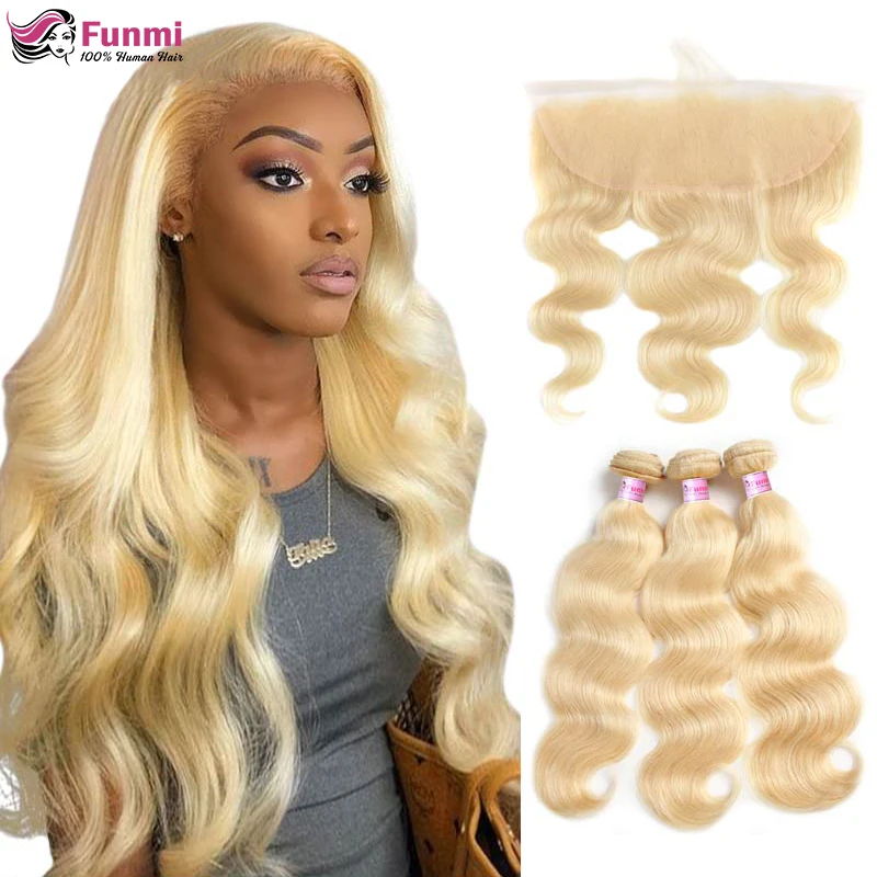 Funmi 613 пряди блонд с фронтальной бразильской волной тела Remy светлые человеческие