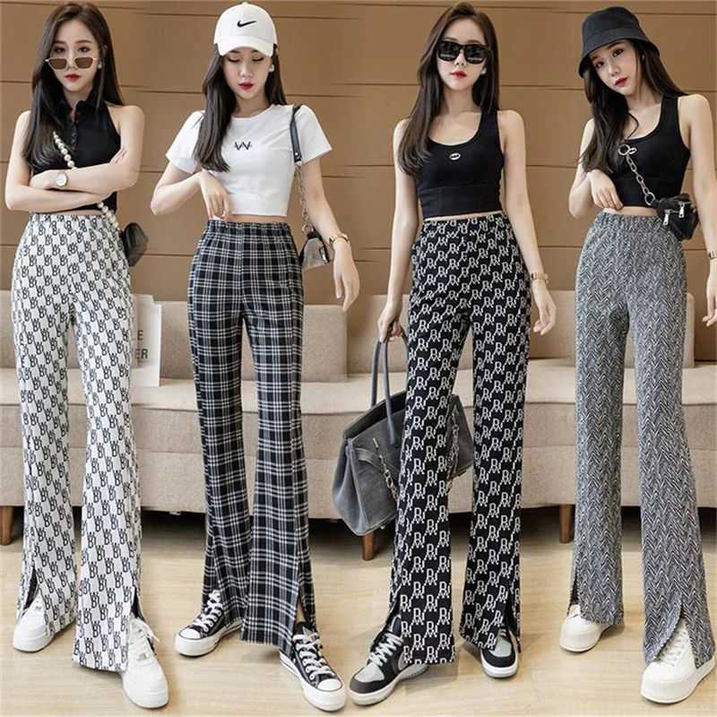

Women Casual Plus Size Printing Front Split Pants Elastic High Waist Lady Long Flared Trousers Female Long Wide Leg Long Pants