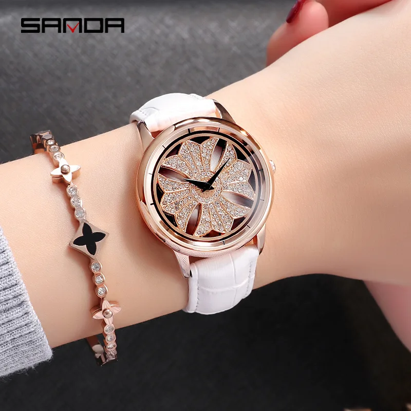 Sanda Топ бренд модные женские часы Изысканный цветочный циферблат вращающийся