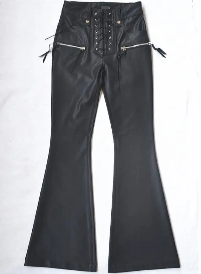 

Drawstring slim hip bag slim big boot cut women fashion trousers 2021 Women's water wash PU lacing leather pants punk