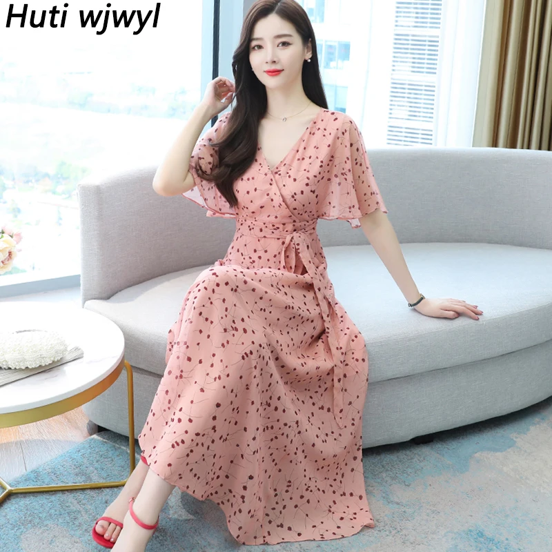 

Женский винтажный Шифоновый Сарафан средней длины, розовое элегантное облегающее пляжное платье-макси с цветочным принтом в стиле бохо, ве...