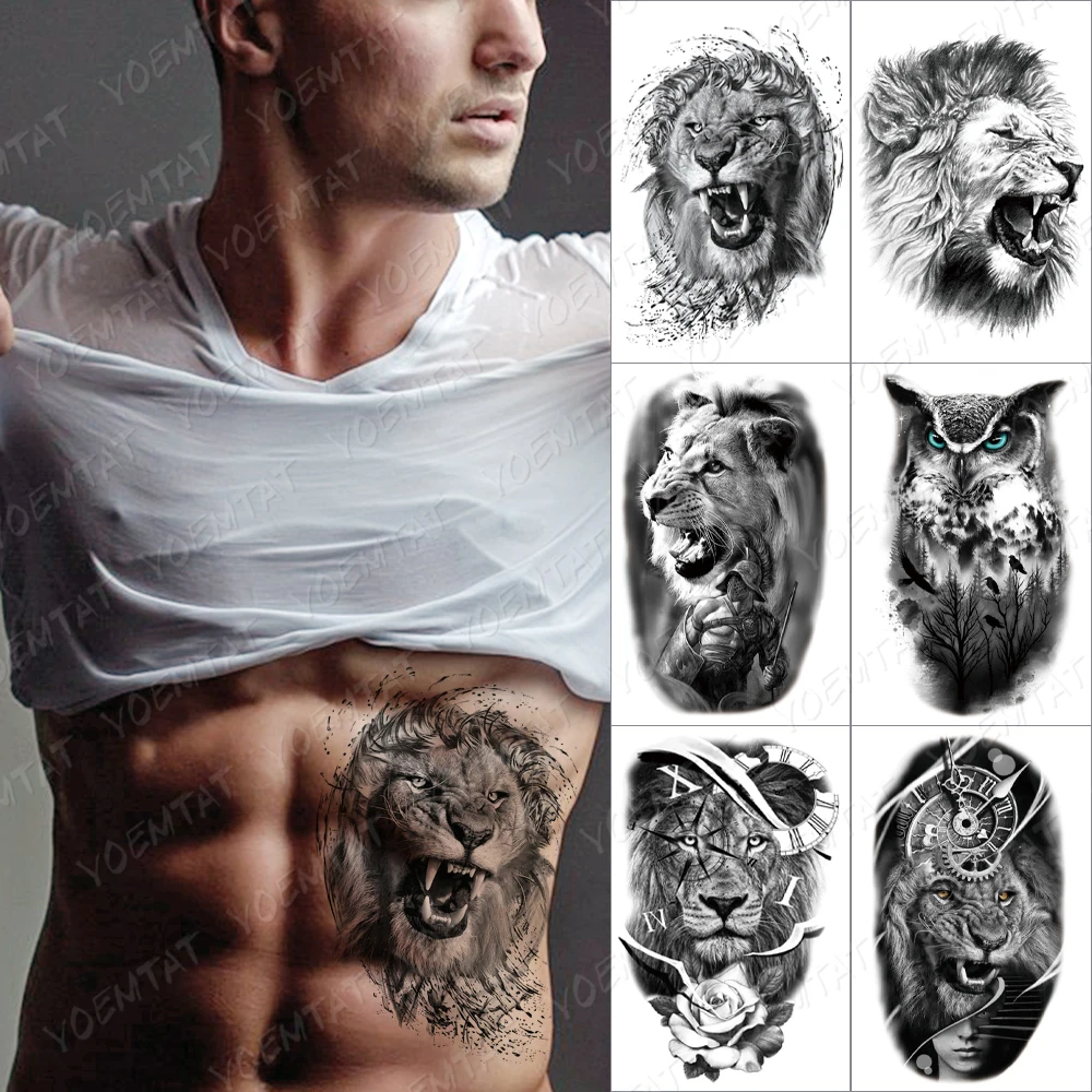 

Ink Black Lion Temporary Tattoo Sticker For Men Women Adult Owl Tiger Waterproof Fake Henna Wolf Tiger Body Art Tatoo Decal