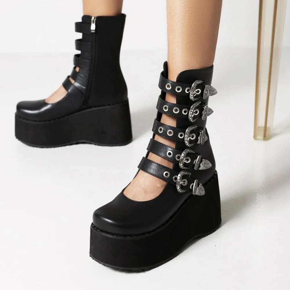 

OEING Womens Platform Belt Metal Buckle Cut Out Ankle Boots Wedge High Heel Shoes Sandals Punk JK Black White Size