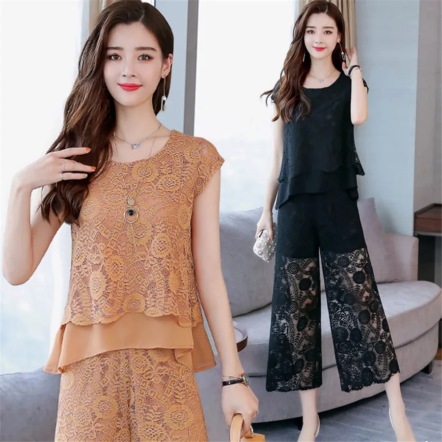 

Solid Color Two Piece Set Women Pant Suits Sexy Hollow Lace Sleeveless Pullovers Crop Top Long Pants Women Outfit Tracksuits