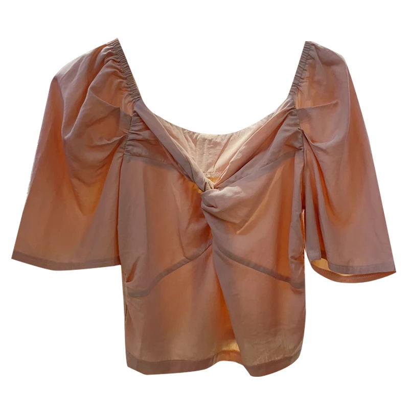 

Spring and Summer Cross V-neck Shirt Korean Dongdaemun New Slim Fit Slimming and Short Student Puff Sleeve Small Shirt Top