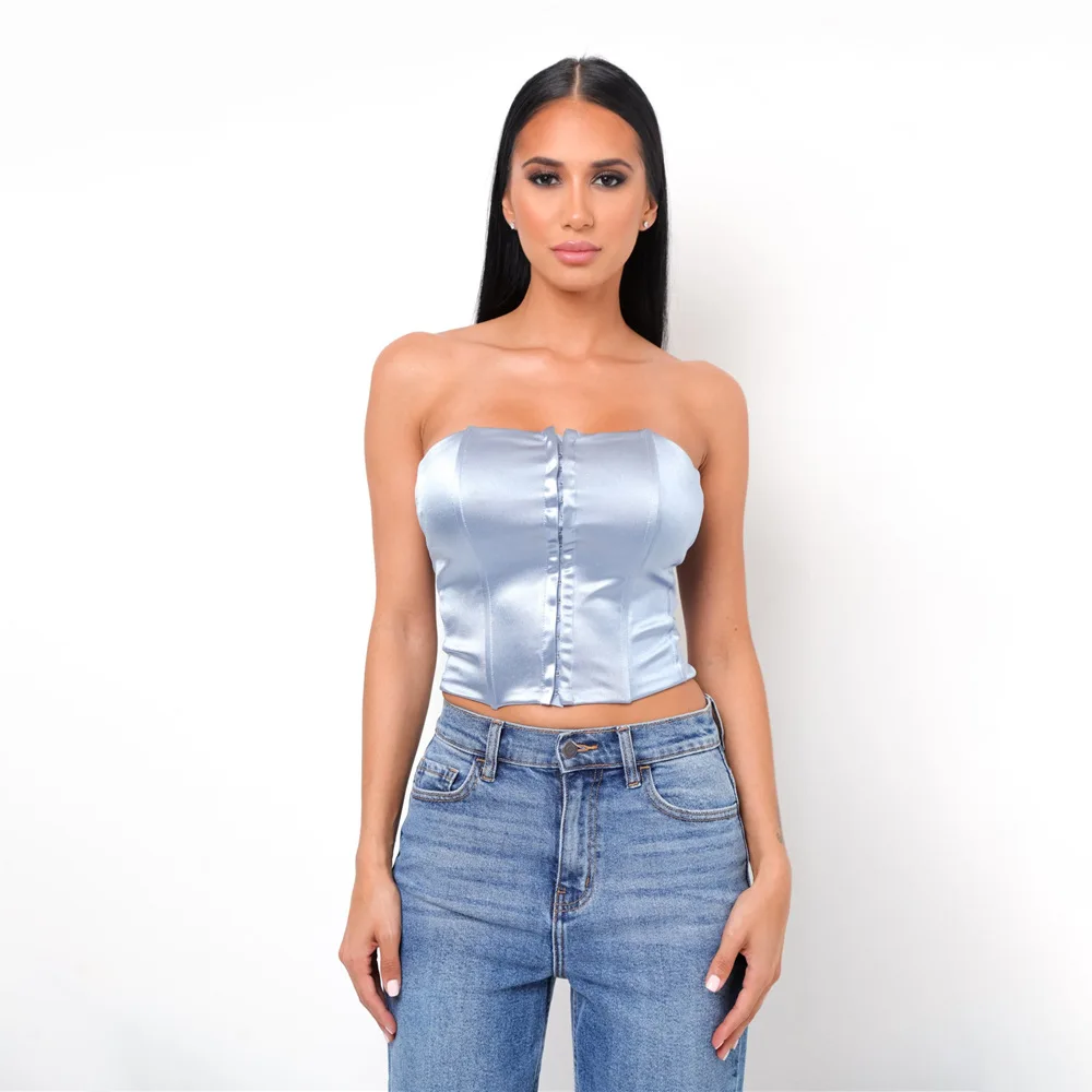 

Y2K Silk Satin Tube Corset Sexy Strapless Crop Top Fron Button Sleeveless Cami Summer Fashion Club Streetwear Women Clothing