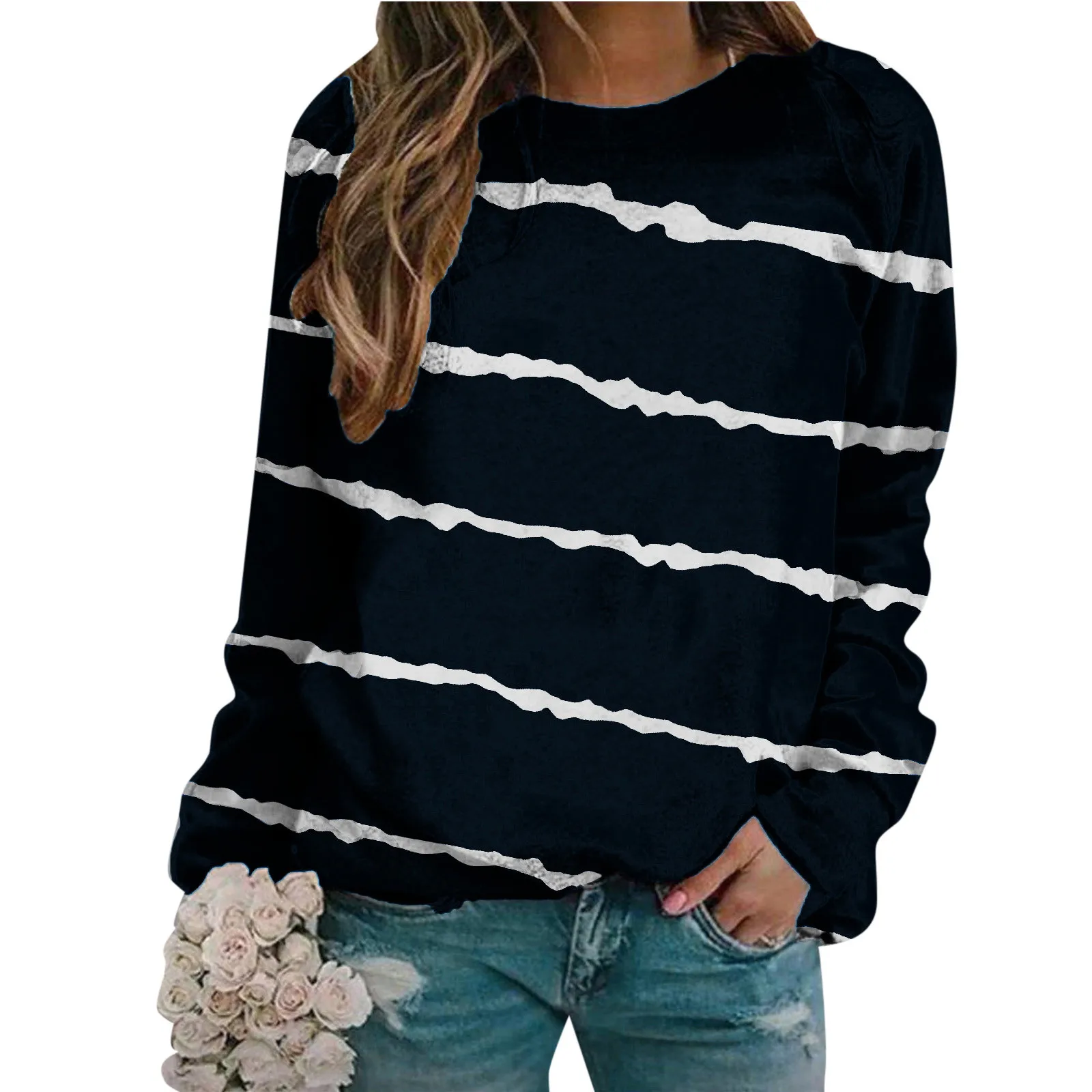 Simple Stripe Splicing Printed Sweatshirts For Women Fashion Unisex O-neck Long Sleeve Pullover Hoodies Mulheres Sweetshirts