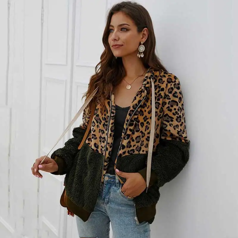 

2020 Autumn Leopard Faux Fur Coat Women Teddy Jacket Winter Teddy Coat Women Warm Thick Zipper Faux Fur Jacket Ladies