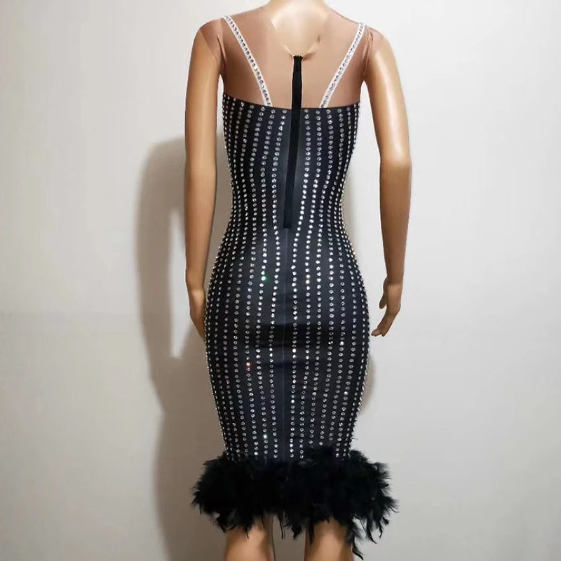модные Блестящие стразы черное платье без рукавов миди спандекс перо для дня