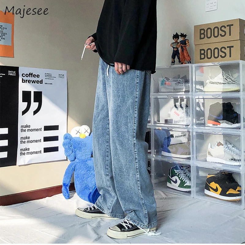 

Drawstring Men Jeans Ins Baggy Elastic Waist Solid Large Size S-3XL Simple Classic Bundle Denim Trousers Male New Arrival Homme
