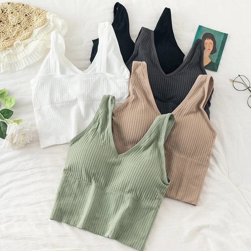 

SVOKOR Threaded Crop Top Solid Color Camisole Sexy V-Neck Tube Top Slim Bottoming Underwear With Chest Pad Vest