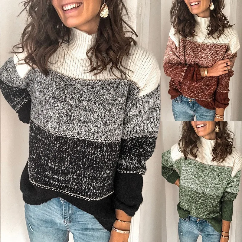 Color-block Colorful Striped Sweater Women Casual Sweaters Autumn Winter Turtleneck Knitwear Loose Pullovers Jumper Pull Femme | Женская