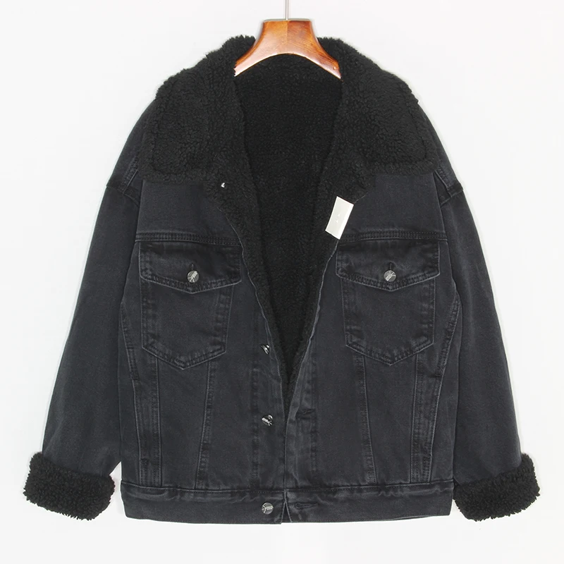 

Корейская зимняя черная джинсовая куртка с подкладкой из овечьей шерсти, женская верхняя одежда, повседневная свободная Толстая теплая джи...