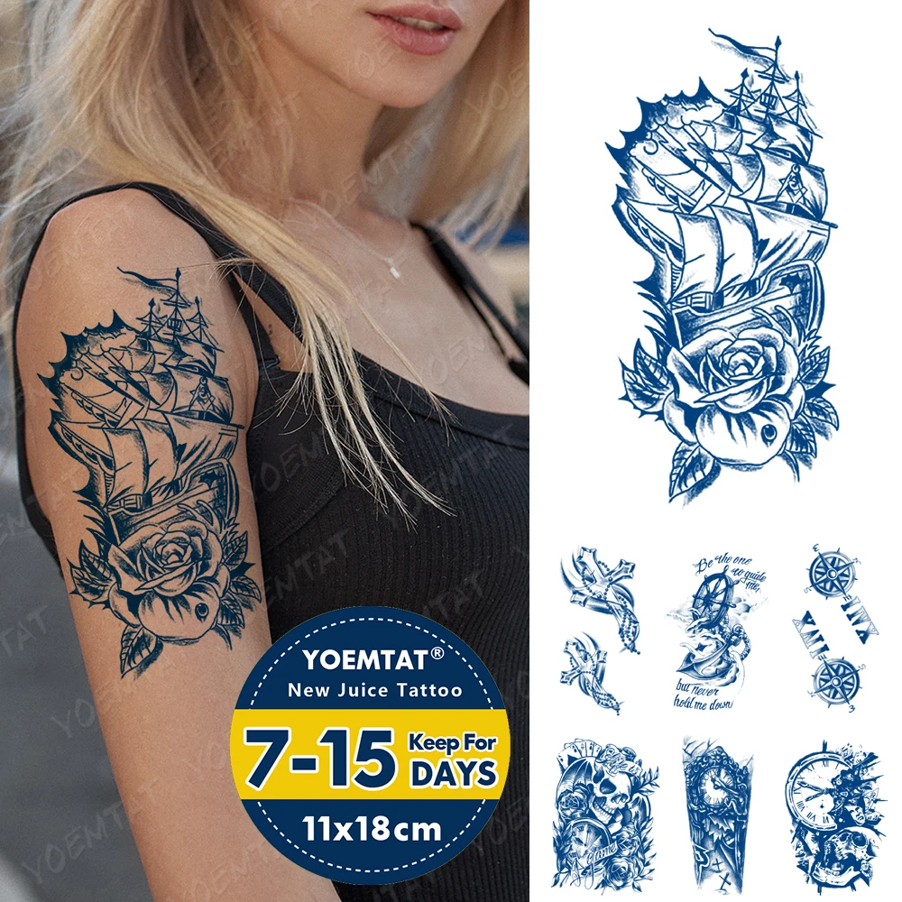 

Juice Ink Lasting Waterproof Tattoo Sticker Ship Compass Clock Anchor Cross Flash Full Tattoos Arm Body Art Fake Tatto Men Women
