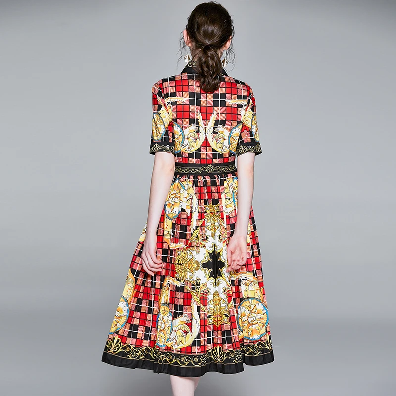 

Merchall 2020 Summer Fashion Runway Midi Dress Women's Turn Down Neck Lace up Bow Short Sleeve Vintage Floral Print Dress