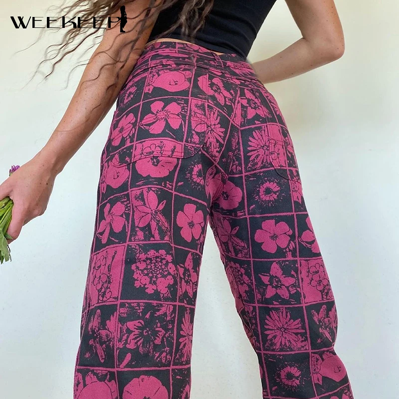 

Weekeep Floral Print 100% Cotton Straight Women Jeans High Waist Baggy Denim Trousers Summer Y2k Fashion Pink Long Pants Casual