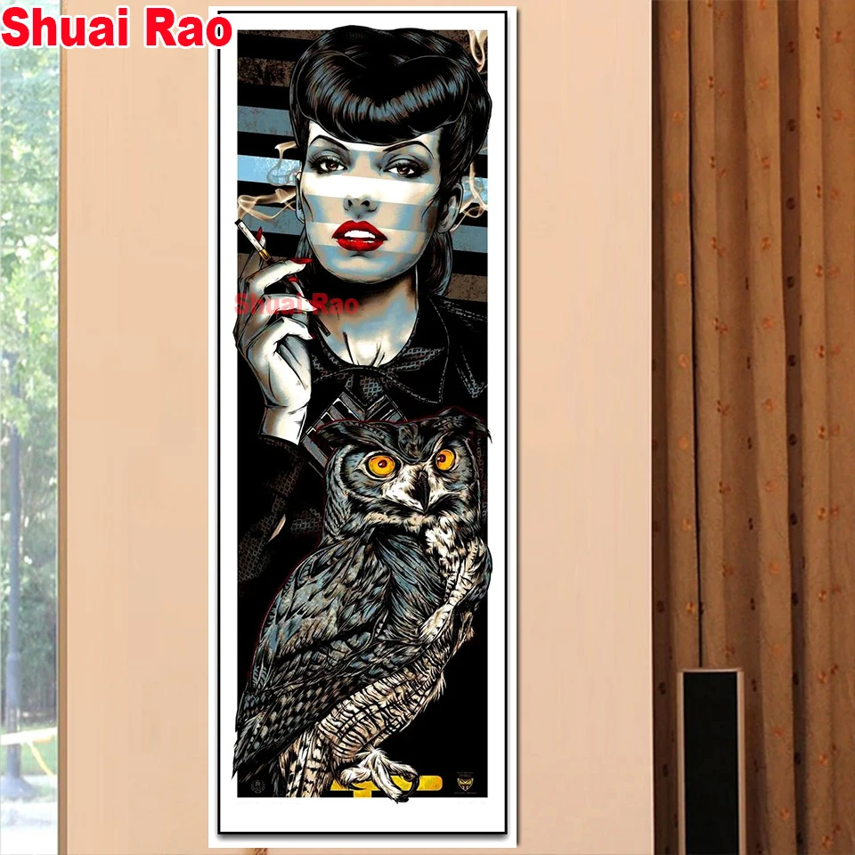 

diamond embroidery Smoking woman,5d diy diamond painting cross stitch full square round diamond embroidery lady and owl wall art