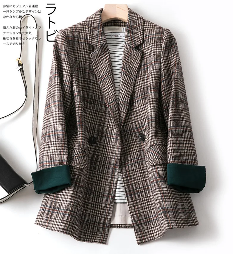 

Женский блейзер в клетку, с длинным рукавом, воротником с лацканами и карманами