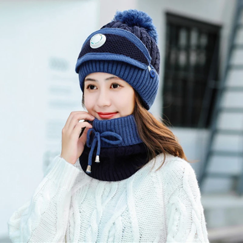 

Fashion Women's Warm Solid Thicken Scarf Mask Hat Three-Piece Knit Windproof Cap Women Fashion Keep Warm Soft Hats Female